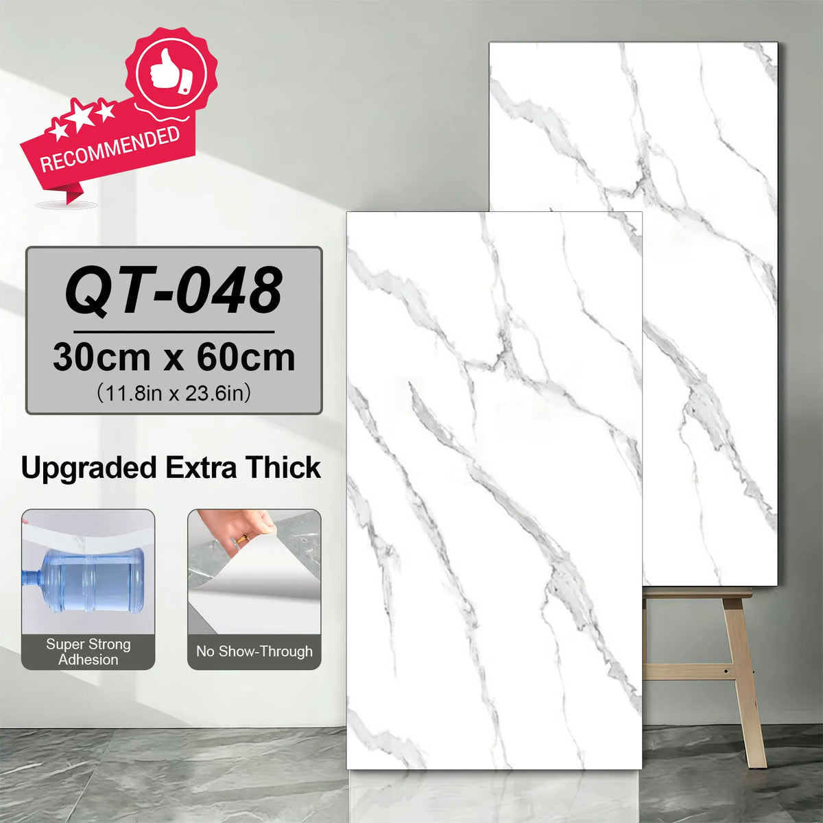 White marble-look self-adhesive vinyl floor tile stickers with light grey veins, 30x60 cm.