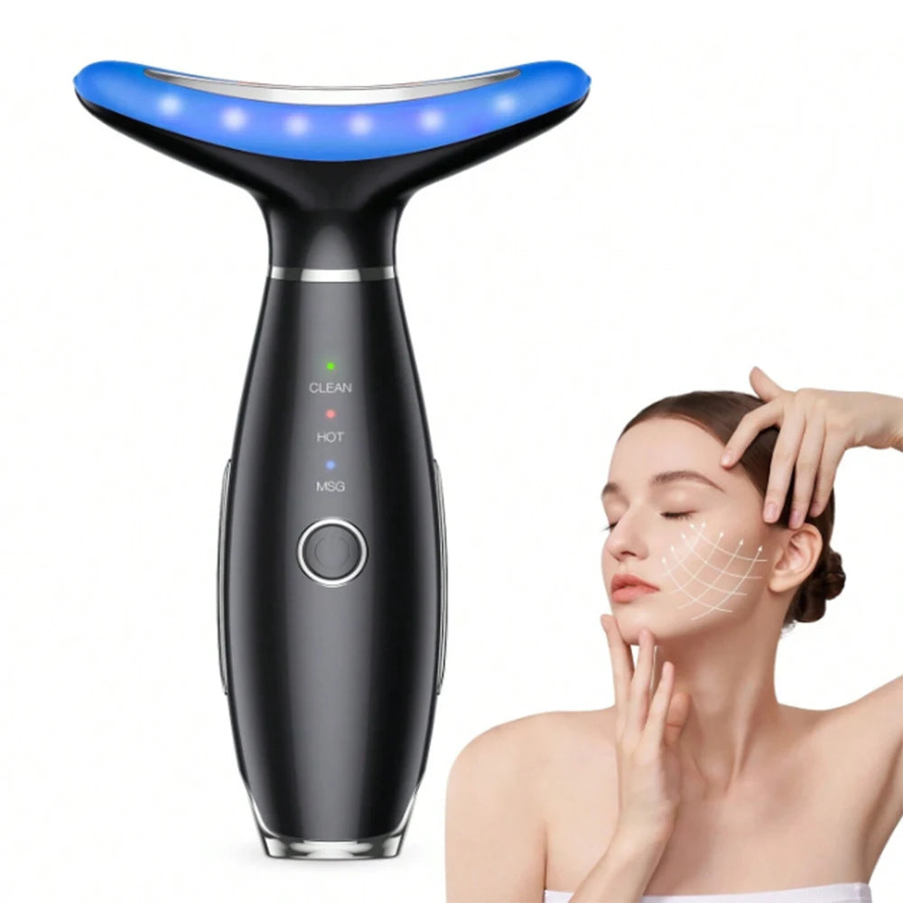 Black T-shaped neck and facial massager with blue LED light head and touch button next to a woman with lifted skin.