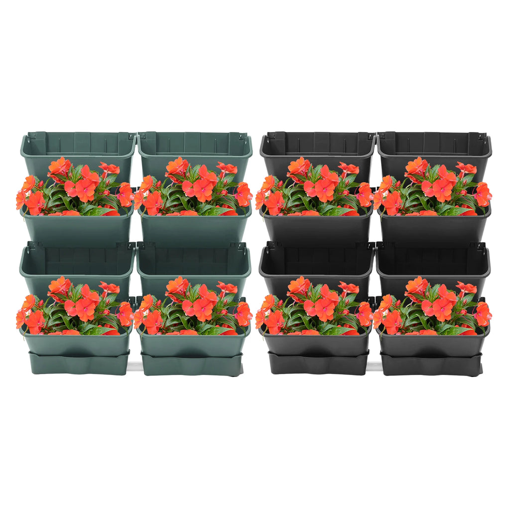 Wall-mounted vertical planter set with orange flowers in green and black hanging planters
