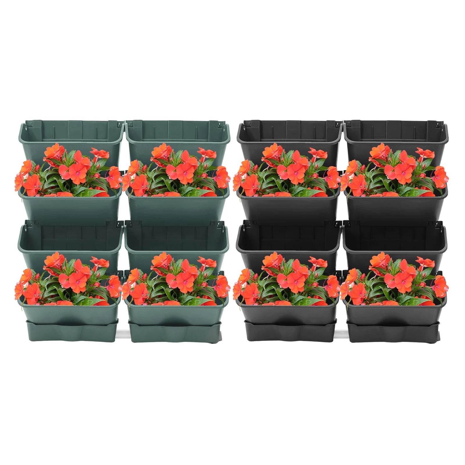 Wall-mounted vertical planter set with orange flowers in green and black hanging planters