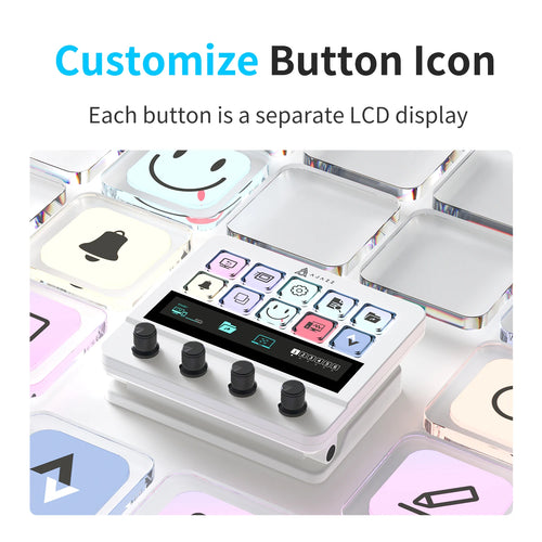 Ajazz AKP05 macro keyboard with white chassis, four black rotary knobs, and customizable LCD screen keys.
