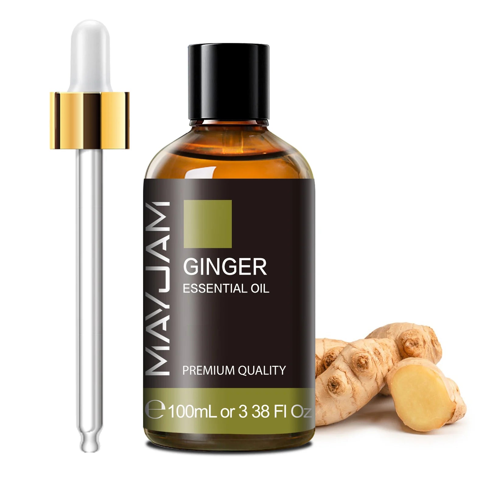 Ginger essential oil, 100ml amber bottle with dropper and black cap.