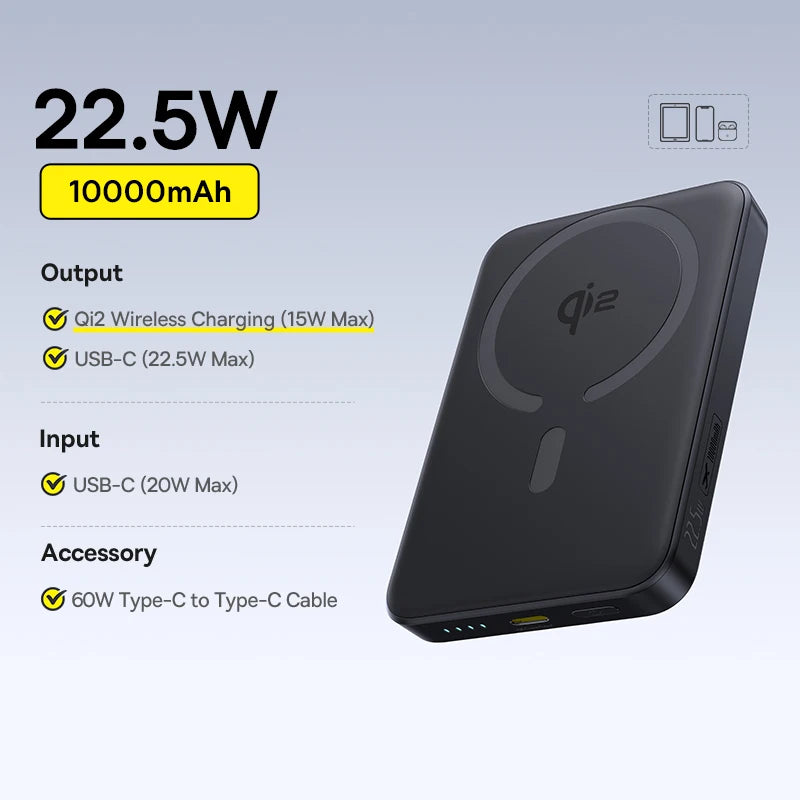 Magnetic Power Bank 10000mAh 15W Wireless Charger for iPhone 16 Qi2 15W Black 10000mAh Tidesmit