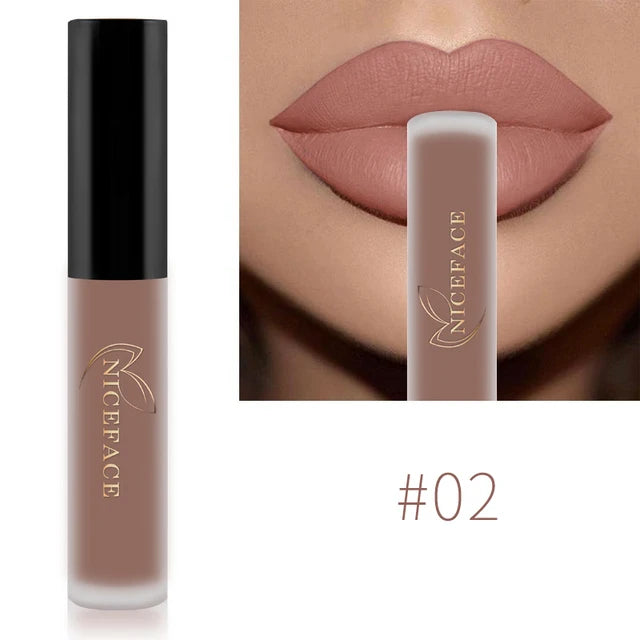 Niceface waterproof matte liquid lipstick #02 in a nude-brown shade with a smooth, long-lasting velvet finish.