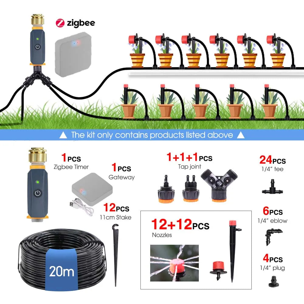 Complete Zigbee irrigation kit diagram with timer, gateway, 20m hose, and spray nozzles