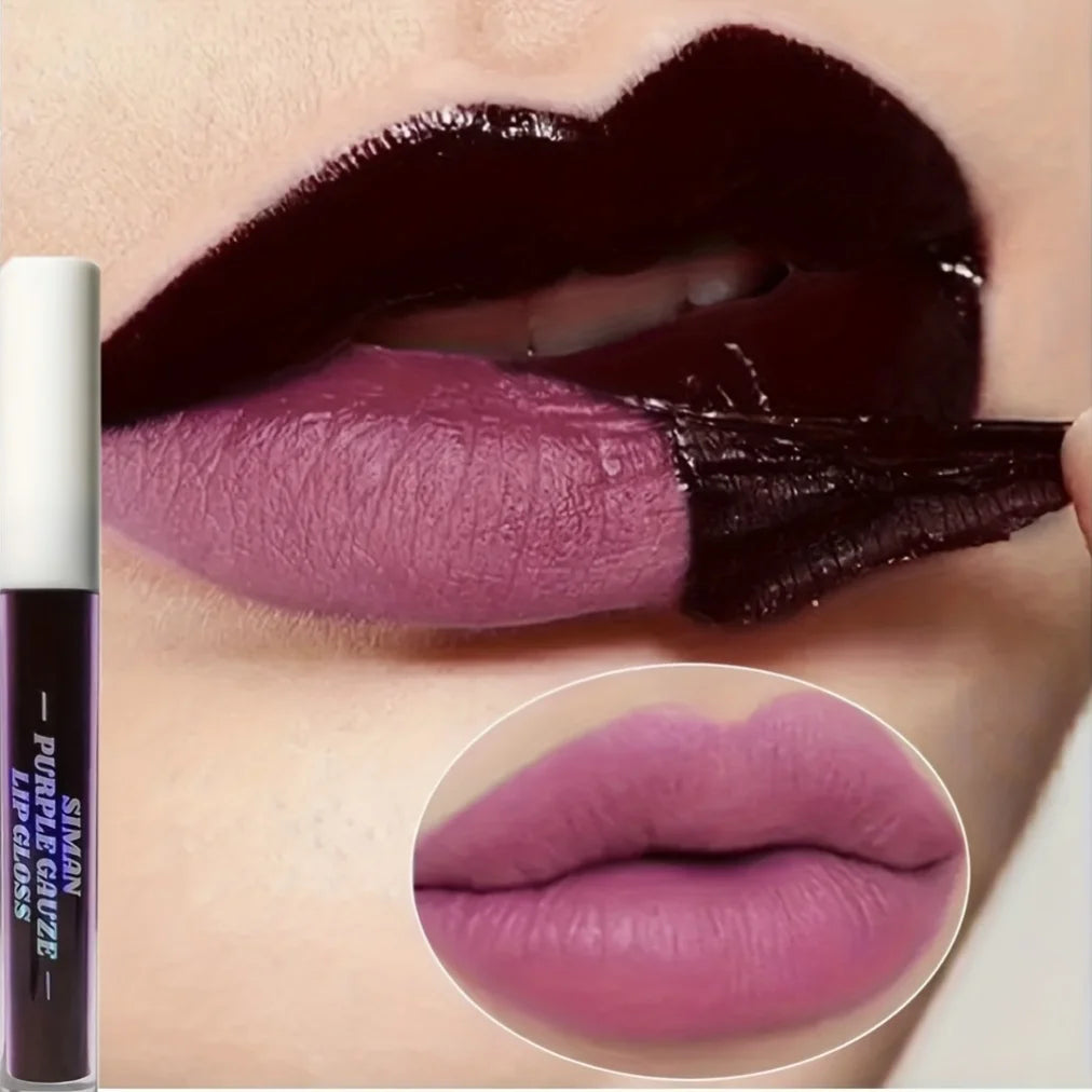 Long-lasting purple peel-off matte lip tint ink showing a transition from dark liquid stain to a soft matte finish.