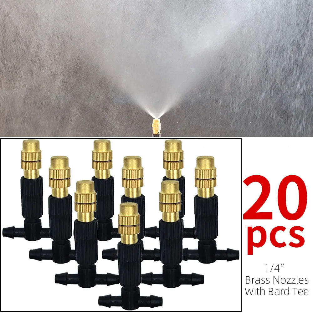 Pack of 20 brass misting nozzles with barbed T connectors and black stems