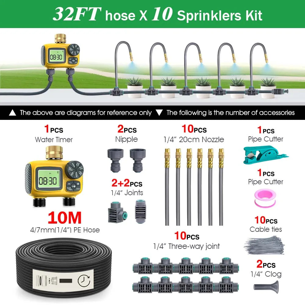 Digital irrigation timer with 32FT hose, mist nozzles and 10 sprinkler outlets kit