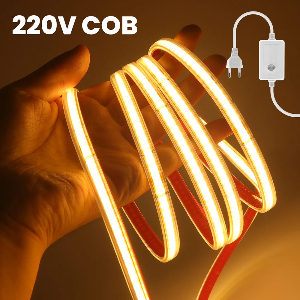 220V 10 Colors Dimmable COB LED Strip Light 240 LEDs Flexible Tape Dimmer EU Power Plug Kit TV Night Lights Home Linear Lighting