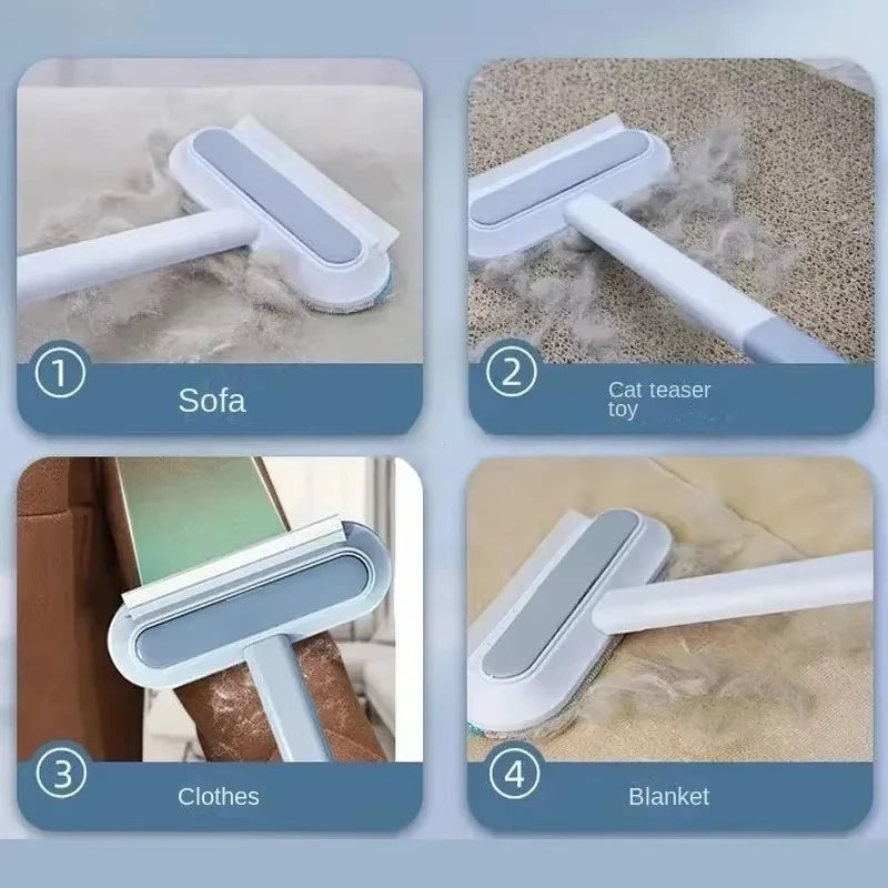 Manual multi-function grey pet hair remover tool cleaning fur from sofas, clothes, and blankets efficiently.