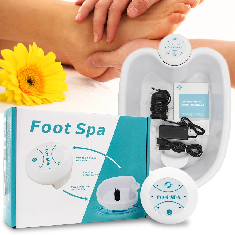 Electric ionic detox foot spa basin with ion array, power cord, manual, and retail box for home health therapy.