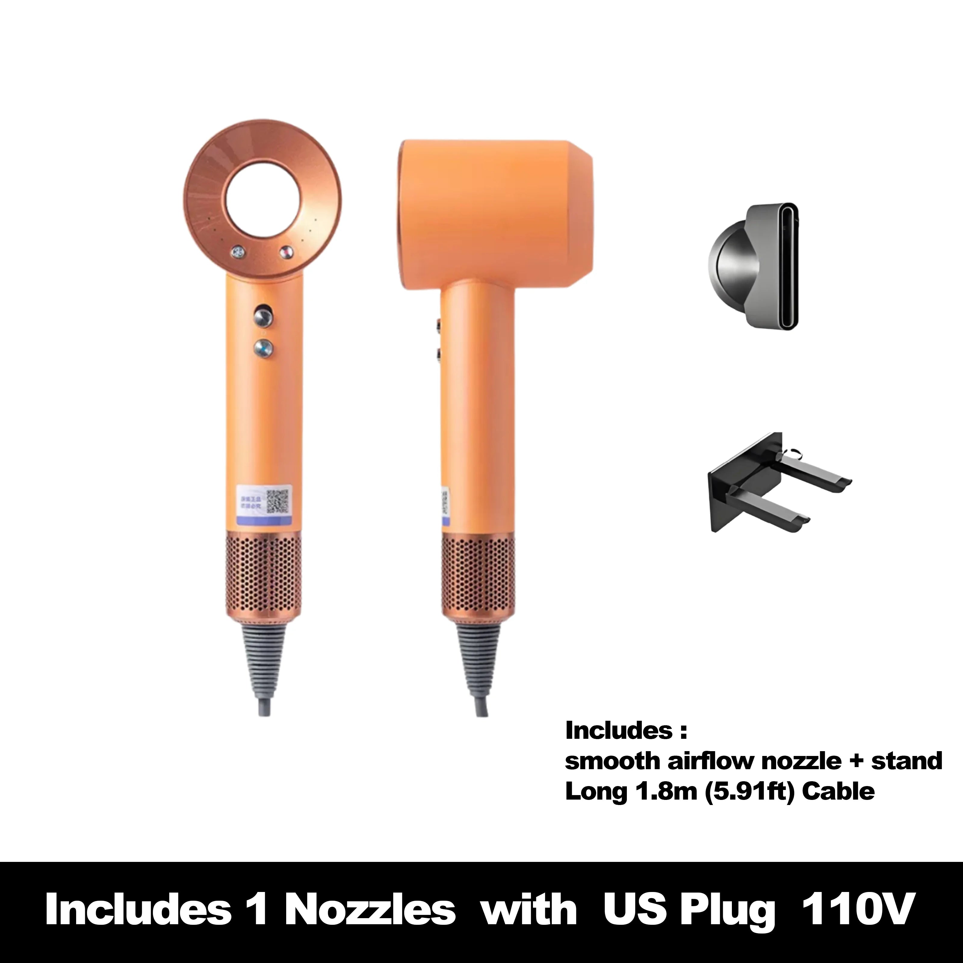 Orange high-speed ionic hair dryer with nozzle attachment, wall stand, and 110V US plug for salon-quality hair care.