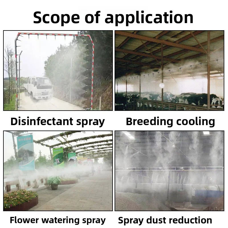 Irrigation sprinkler spray applications showing sterilizing mist, cooling, watering, and dust reduction