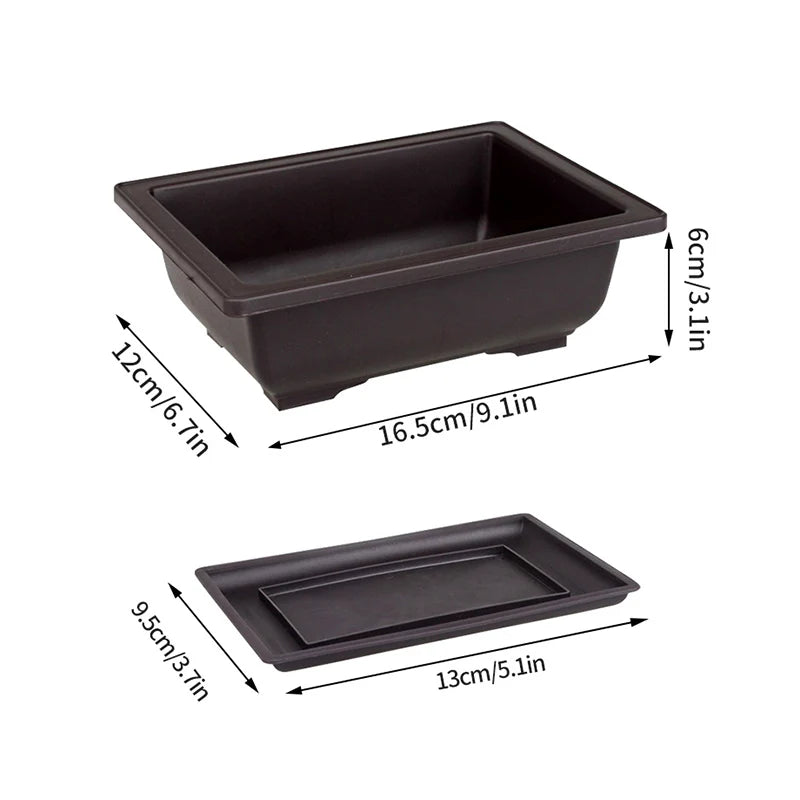 Rectangular bonsai planter pot in dark plastic with open top and separate base tray