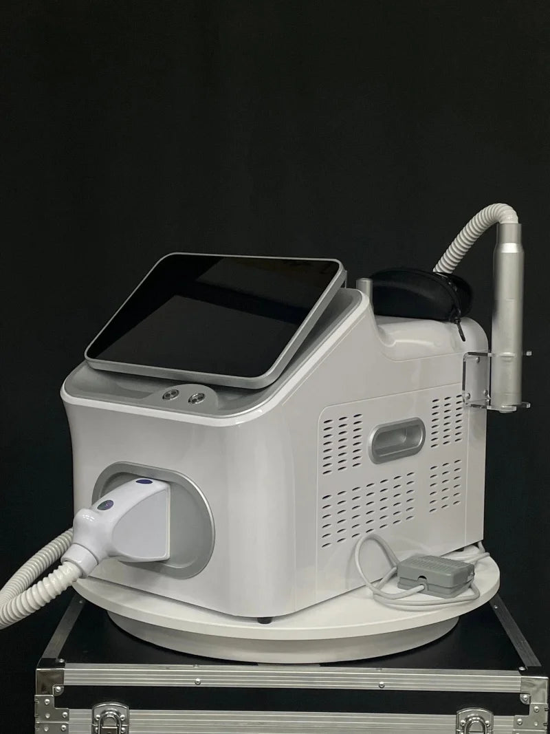 Portable 4000W Nd:Yag Picosecond Laser machine for tattoo removal with touchscreen display and handheld applicator.