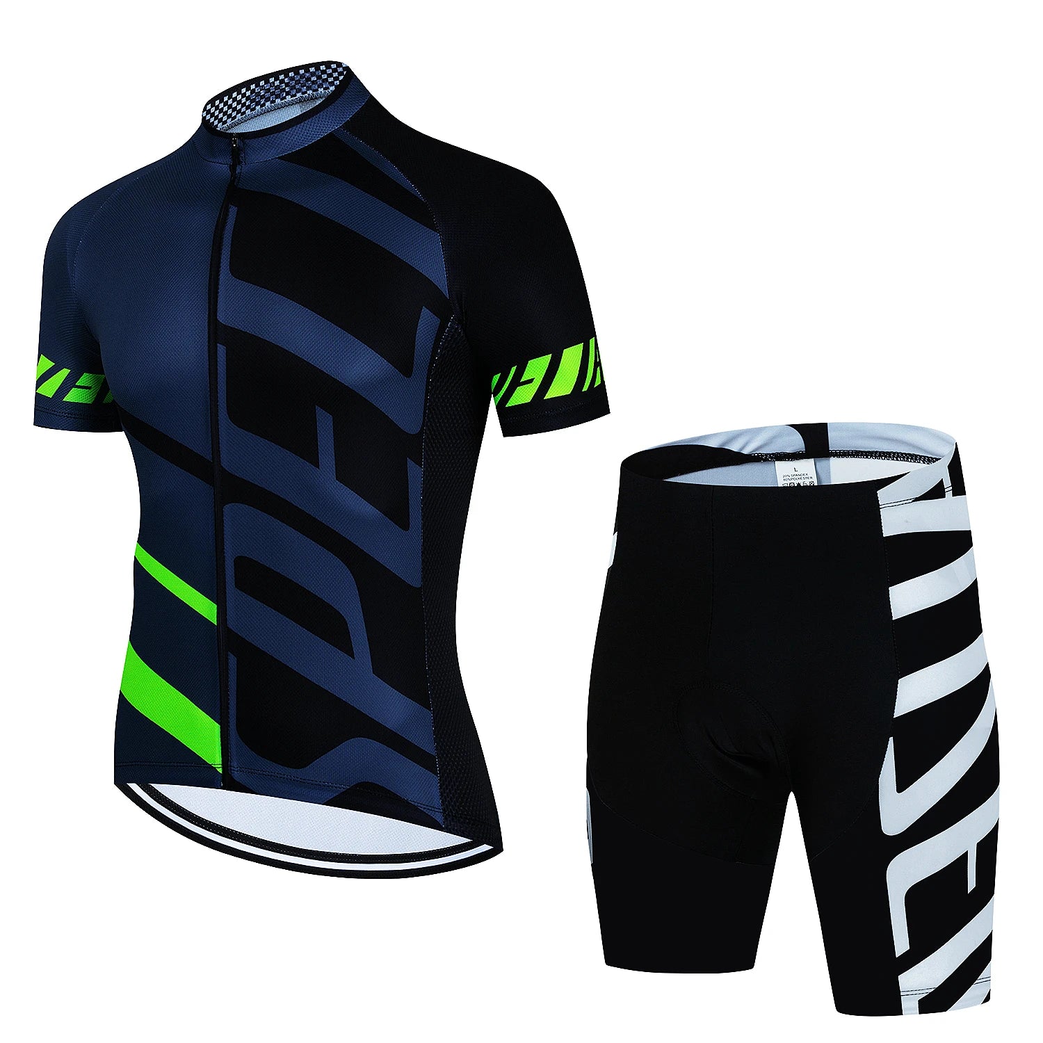 Tidesmit black and blue cycling jersey and shorts set with green accents, slim-fit technical fabric, and graphic text.