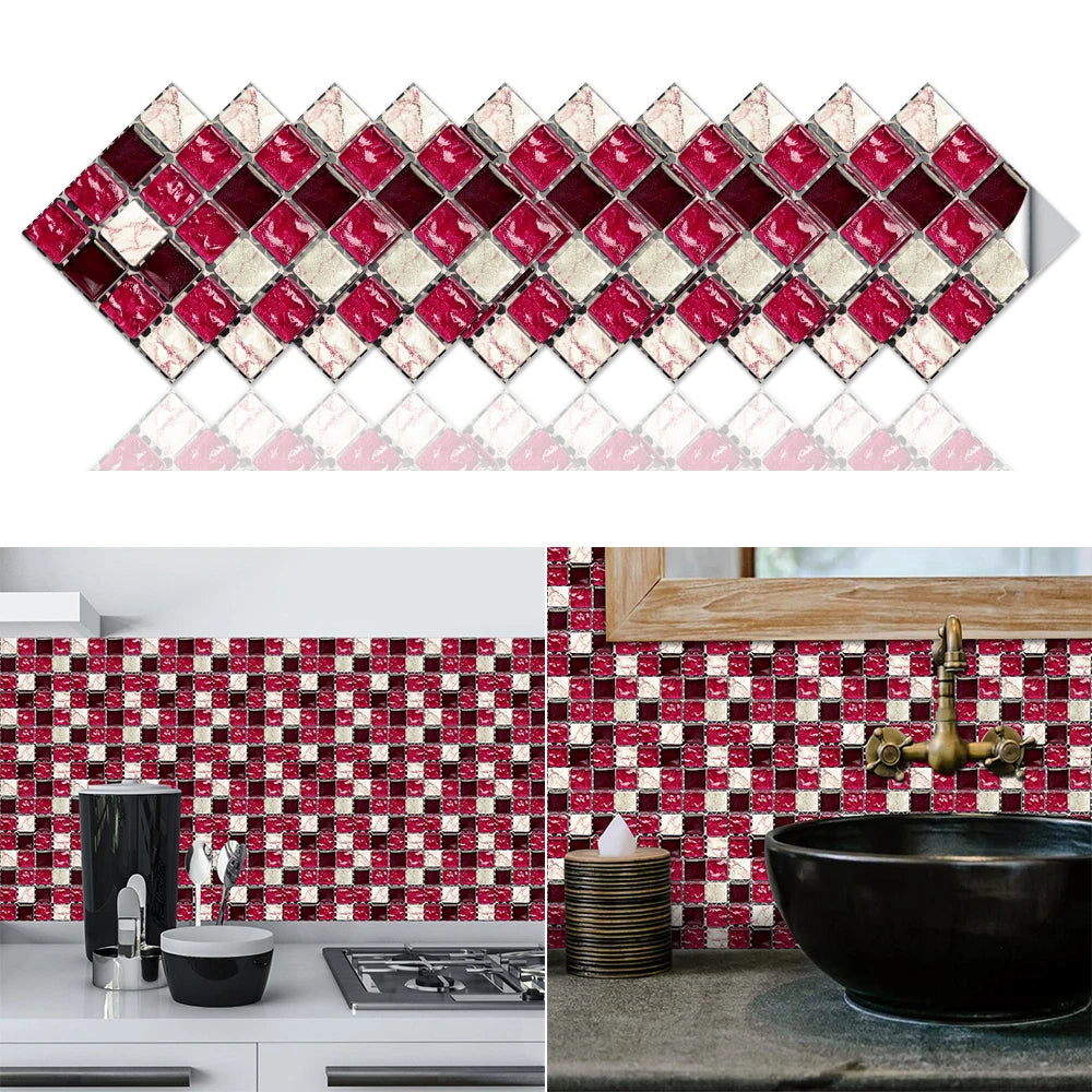 10pcs Flat Mosaic Style Tiles Sticker Kitchen Bathroom Waterproof & Oilproof Art Wall Sticker Peel & Stick Surface Glossy Film