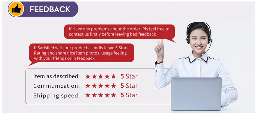 Customer service representative in headset requesting 5-star feedback for Turmeric Deep Collagen Peel-Off Mask.