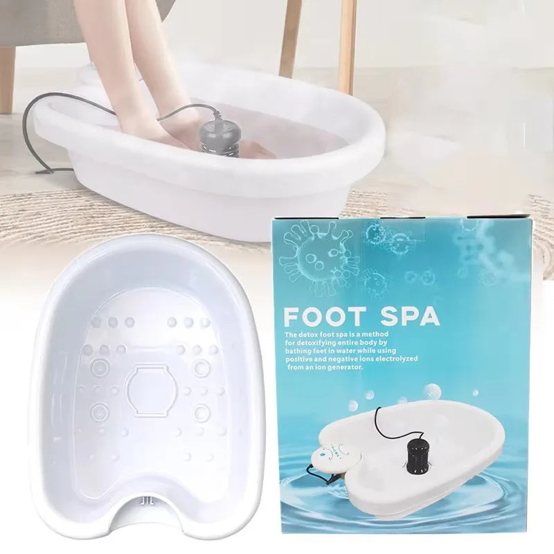White ionic detox foot spa basin with vibration therapy, ion array, and retail box for home health cleanse therapy.
