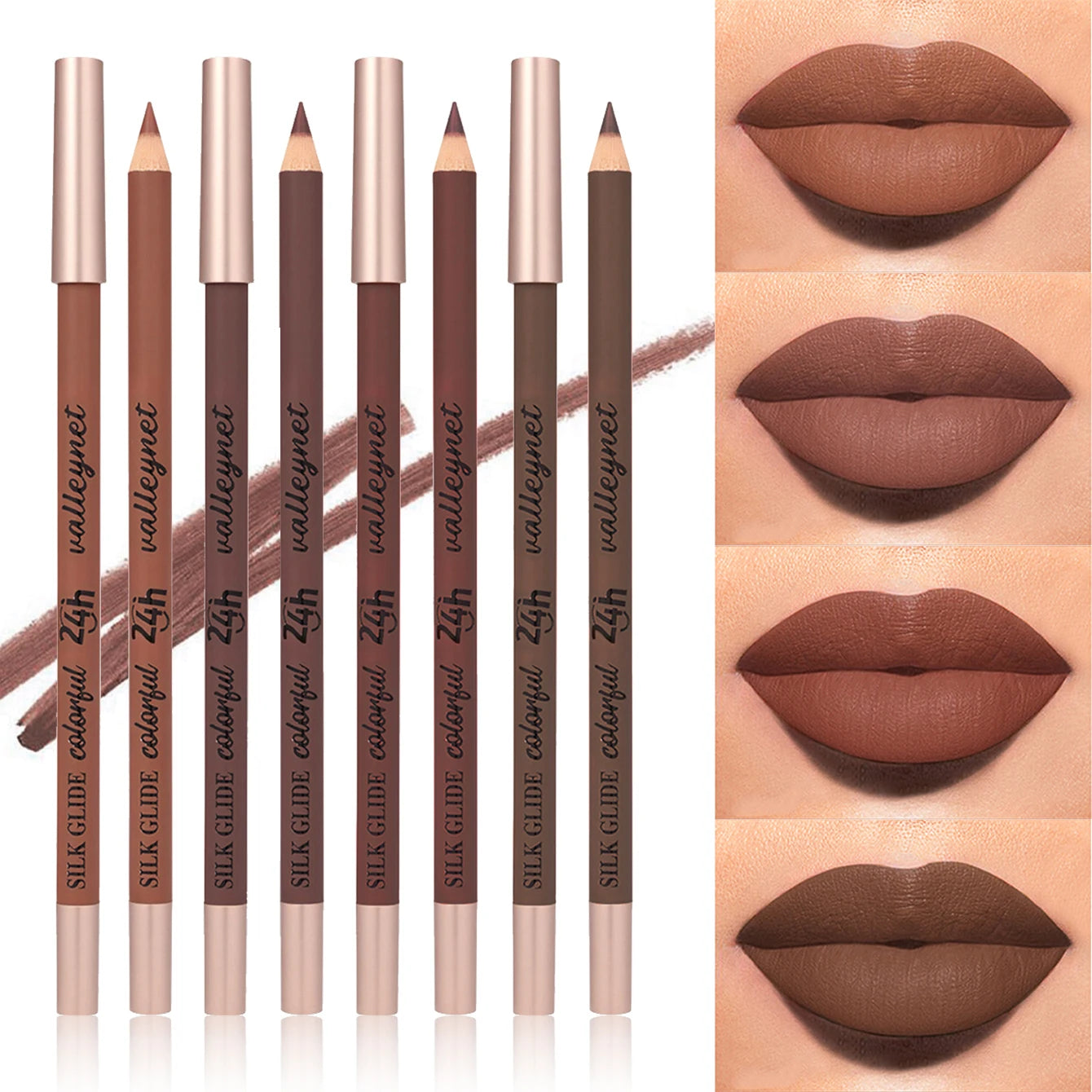 Set of 4 brown matte lip liners showing highly pigmented, creamy, long-lasting velvet finish on lips.
