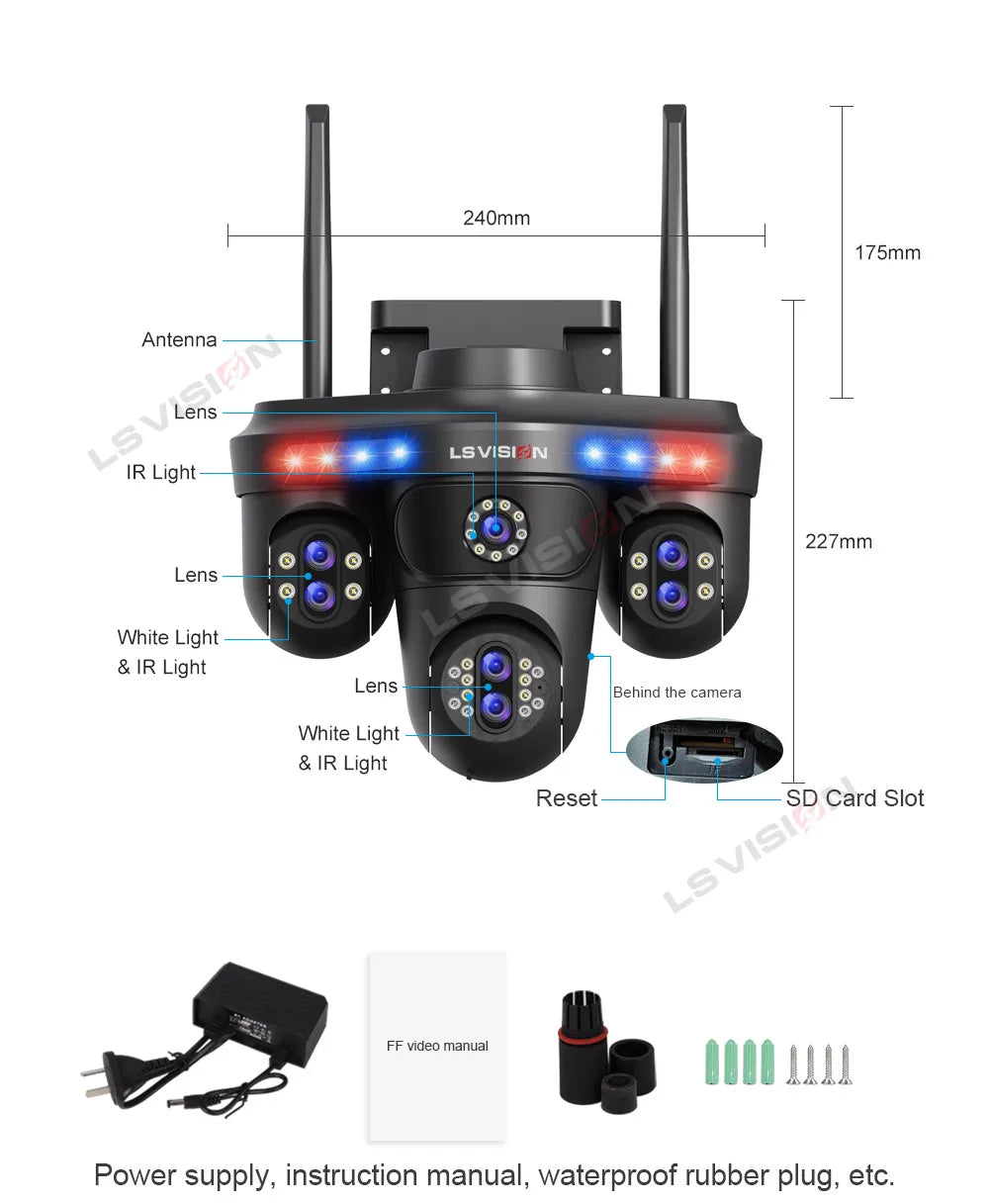 LS VISION 35MP WiFi IP Camera 7 Lens 10X Zoom Outdoor 3PTZ 360° Surveillance Security Camera Smart Home Ai Tracking CCTV Cam
