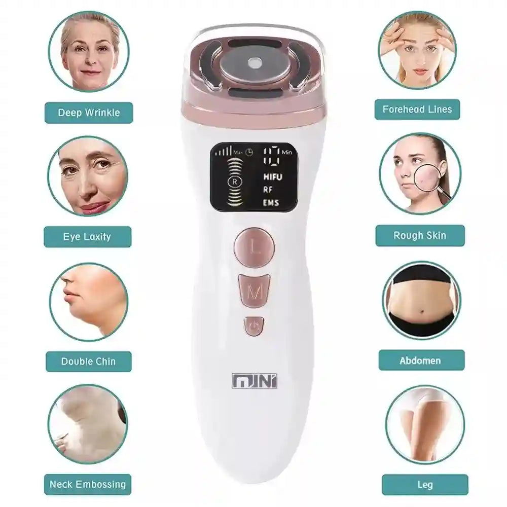 Handheld white and rose gold HIFU, RF, and EMS skin tightening device with a digital display for face and body use.