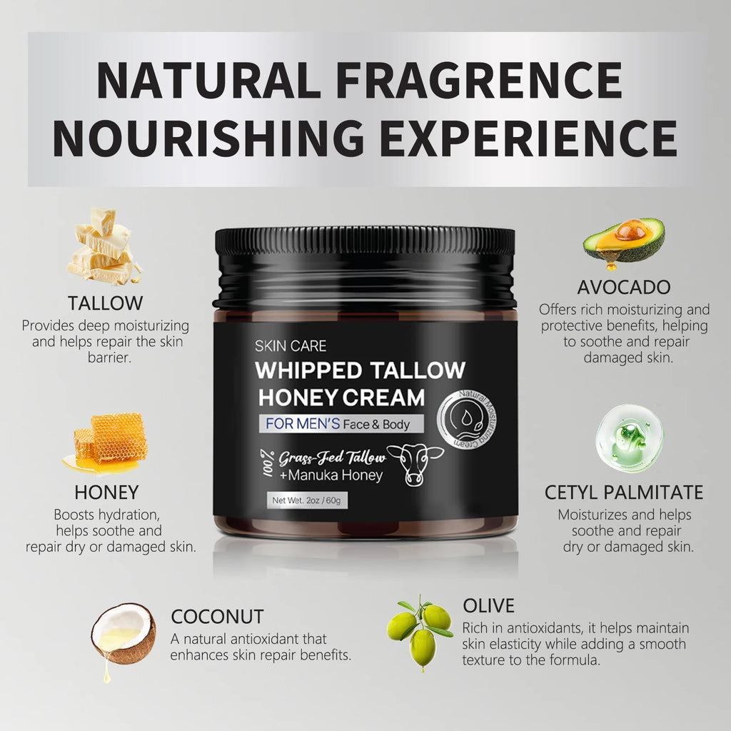 Men's Whipped Tallow Honey Cream 60g - Tallow & Manuka Honey, Non-Greasy Moisturizing Face & Body Balm for Dry Skin Care.