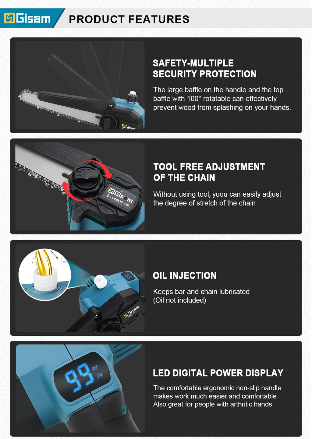 Gisam 8 Inch Brushless Electric Chainsaw Cordless Portable Electric Saw Woodworking Power Tool For makita 18v battery pins