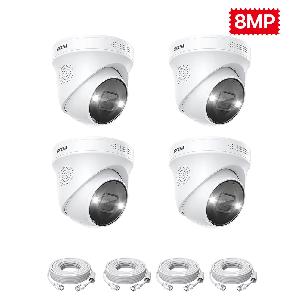 ZOSI 8MP AI dome security camera set: 4 white cameras with four Ethernet cable kits