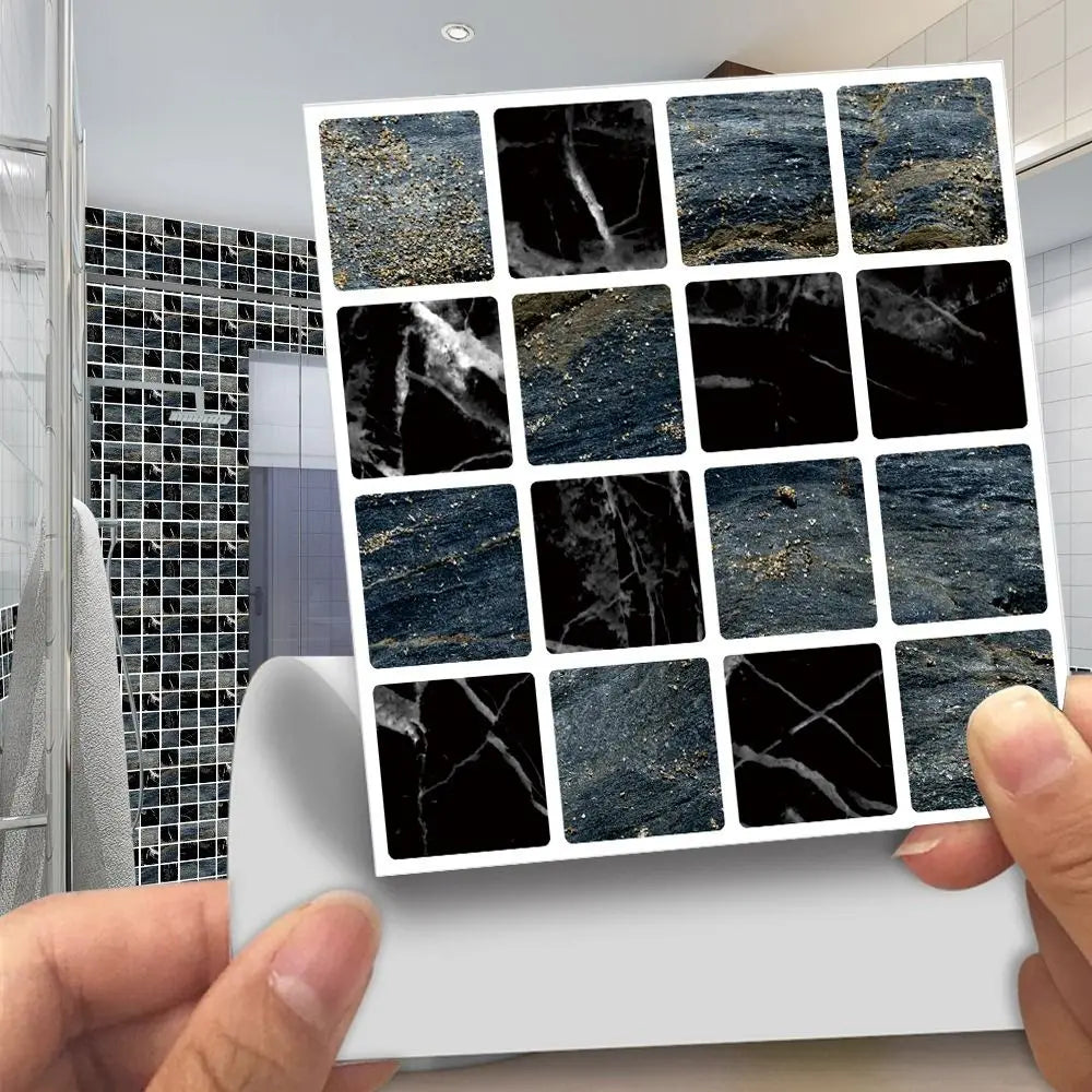3D mosaic tile stickers sheet with black and dark blue square marble-look tiles