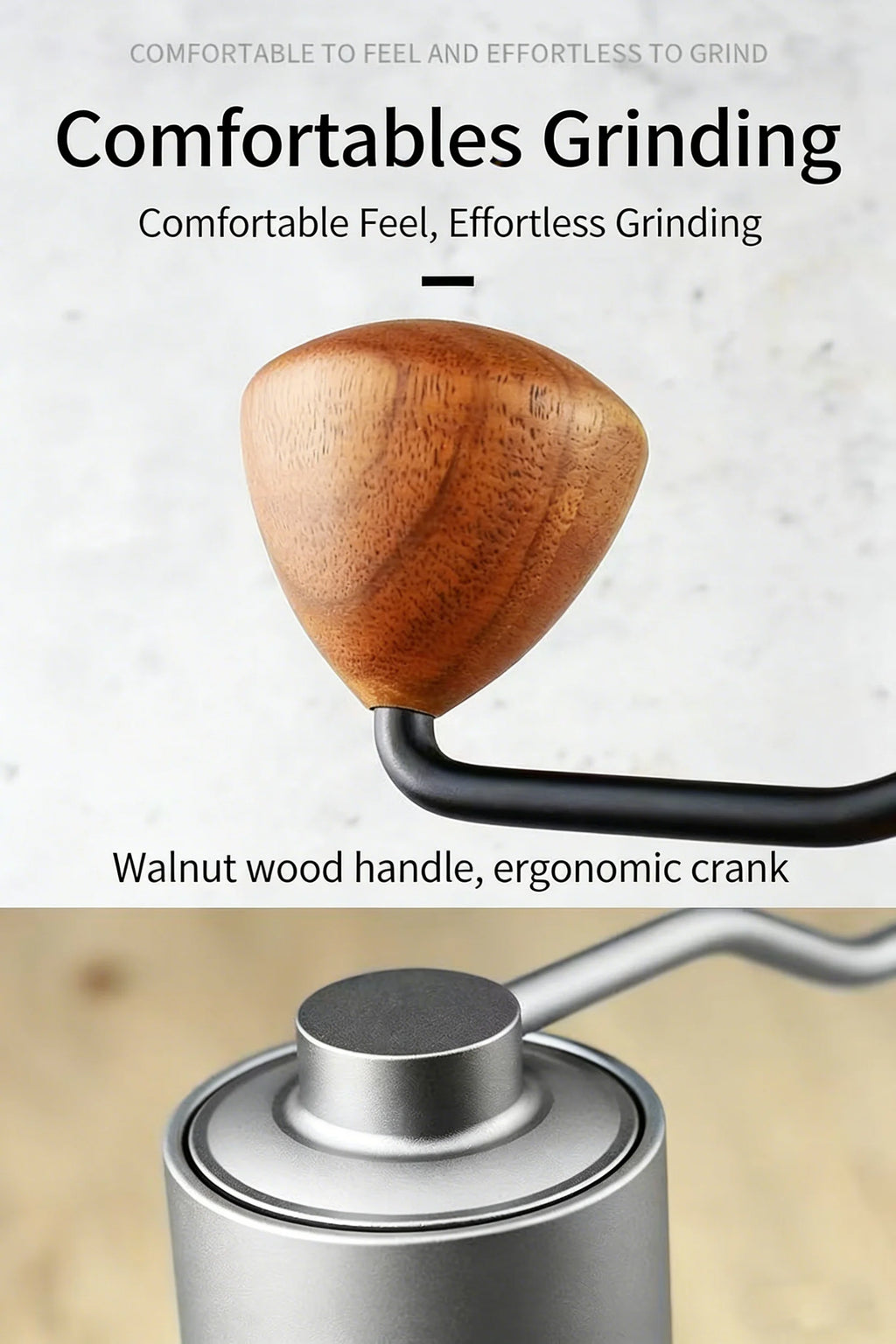 Manual coffee grinder with ergonomic black crank and premium walnut wood handle for comfortable grinding.