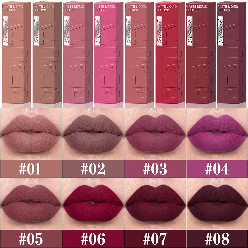 8pc matte liquid lipstick set showing nude to dark red shades, long-lasting waterproof velvet finish on lips.