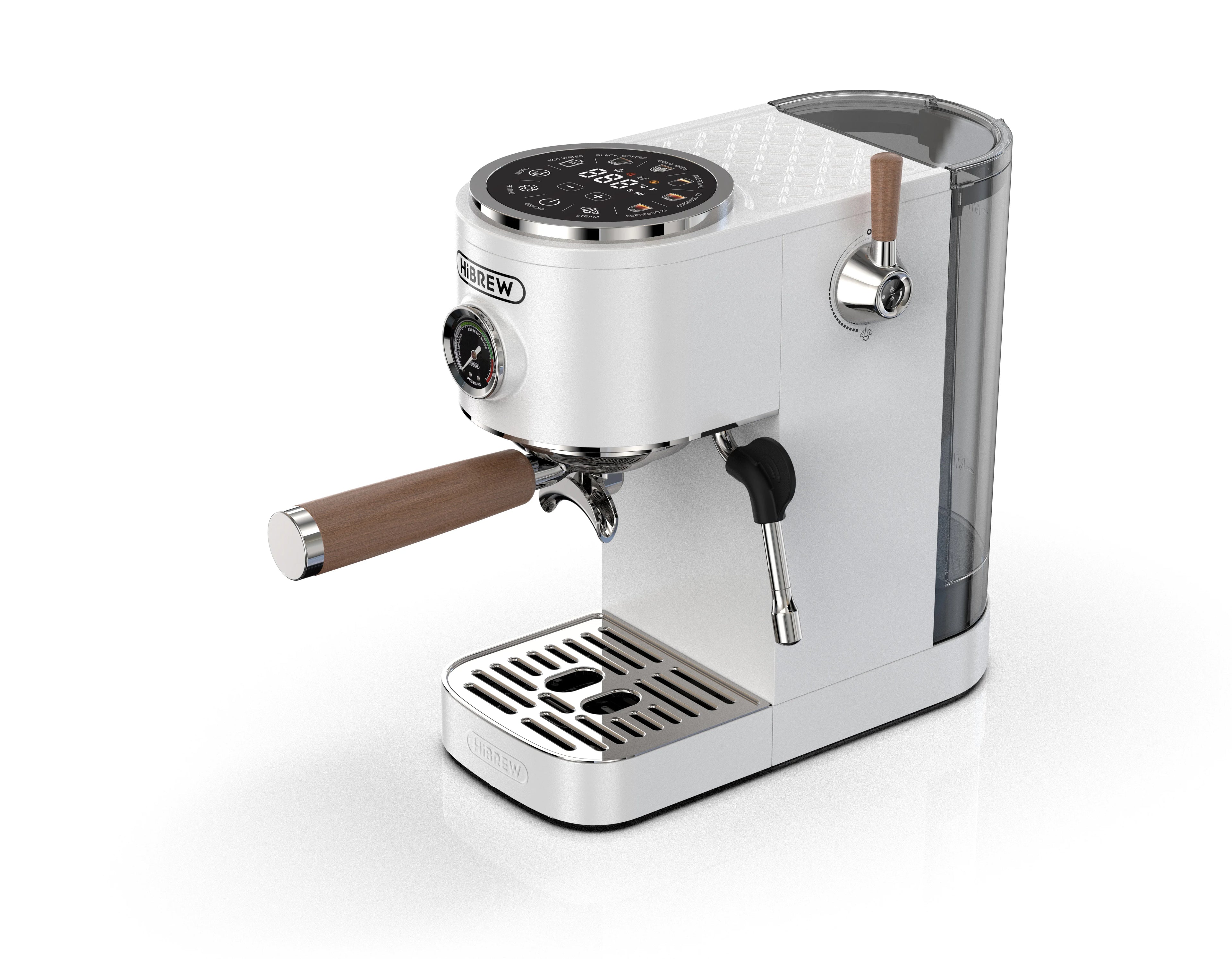 HiBREW white espresso coffee machine with digital touch panel, wooden handle, steam wand, and water tank on white.