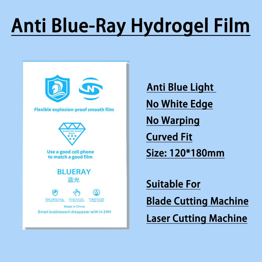 Anti-blueRay hydrogel film sheet, curved fit; sized for blade or laser cutting