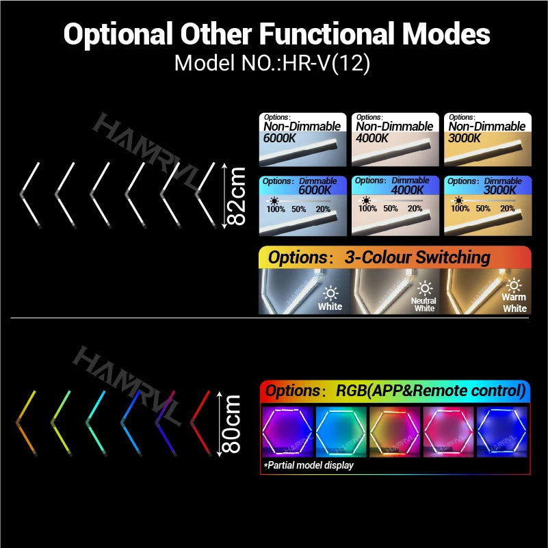 Hexagon honeycomb LED ceiling light model HR-V12, RGB and dimmable white color modes