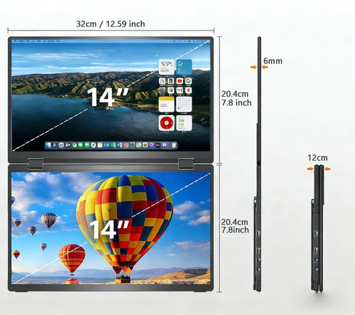 14'' Portable Monitors Dual Screen1920*1200 1.2K Triple Pc Display Laptop Screen Extender Folding Stacked Dual Monitors