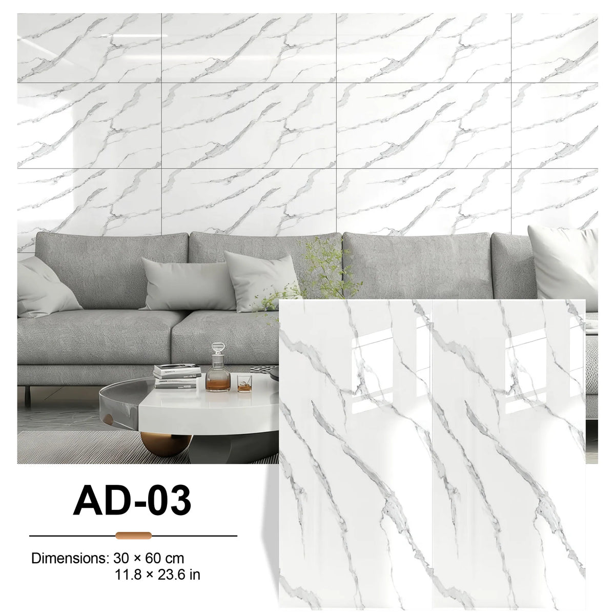 Self-adhesive white marble tile sticker sheet with gray lines, 30x60cm, AD-03