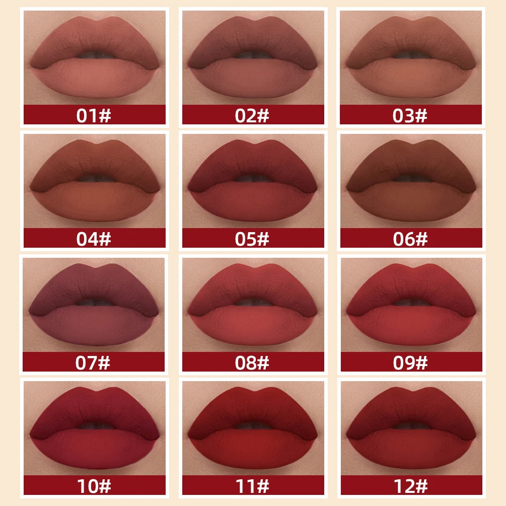 QIBEST velvet matte liquid lipstick set featuring 12 long-lasting, nonstick red and nude shades on lips.