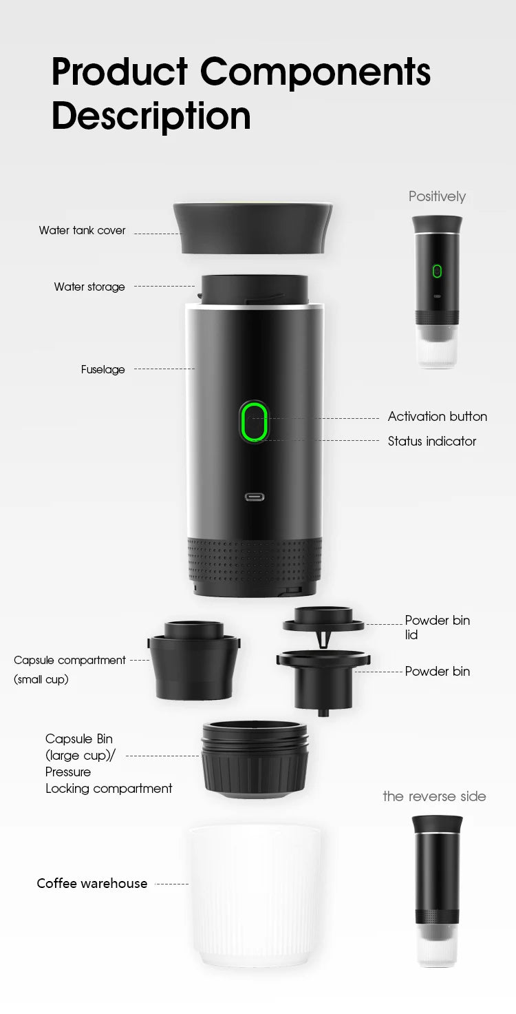 Exploded view of a black portable electric espresso maker with capsule and coffee powder compartments.