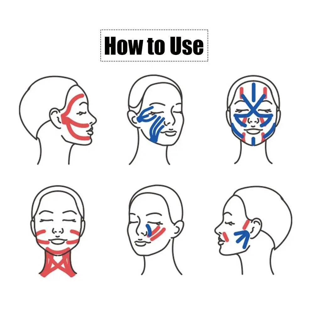 Instructional diagram showing red and blue tape strips applied to various face and neck areas for toning and lifting.