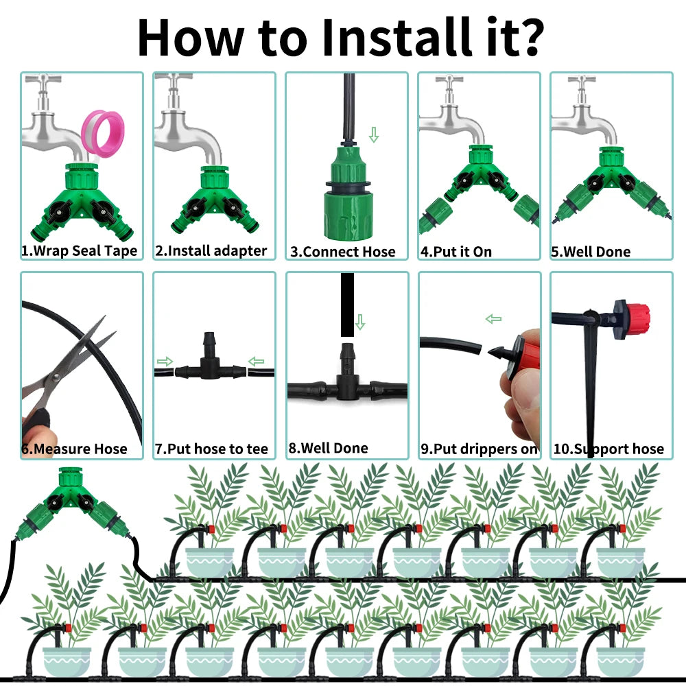 Drip irrigation kit installation guide showing seal tape, adapters, hose, and drippers