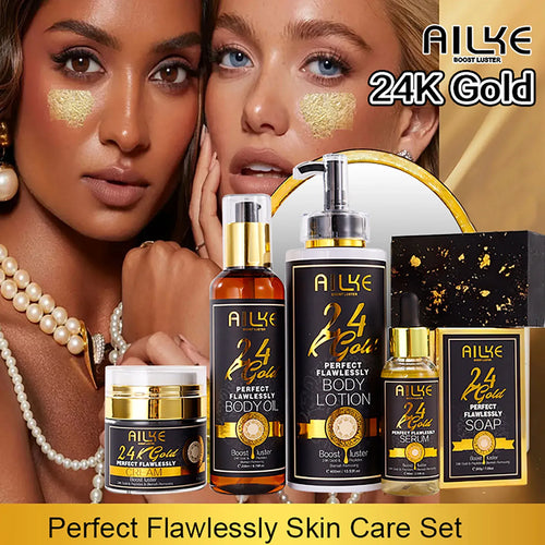 Ailke 24K Gold anti-inflammatory skincare serum set in black and gold packaging with cream, oil, lotion, and soap.