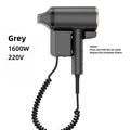 Grey 1600W wall-mounted hair dryer for hotels with concentrator nozzle and convenient coiled cord design.