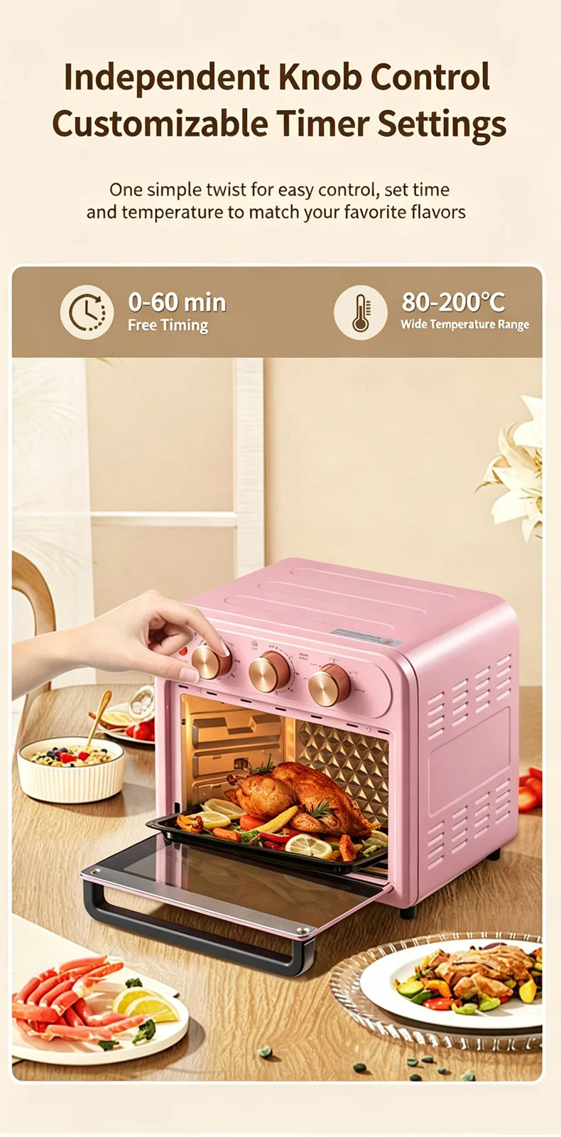 15L Visible Air Fryer Oven Retro Pink Multifunctional Toaster Oven Oil-Free Baking Mini Electric Oven 15.85QT Countertop Oven