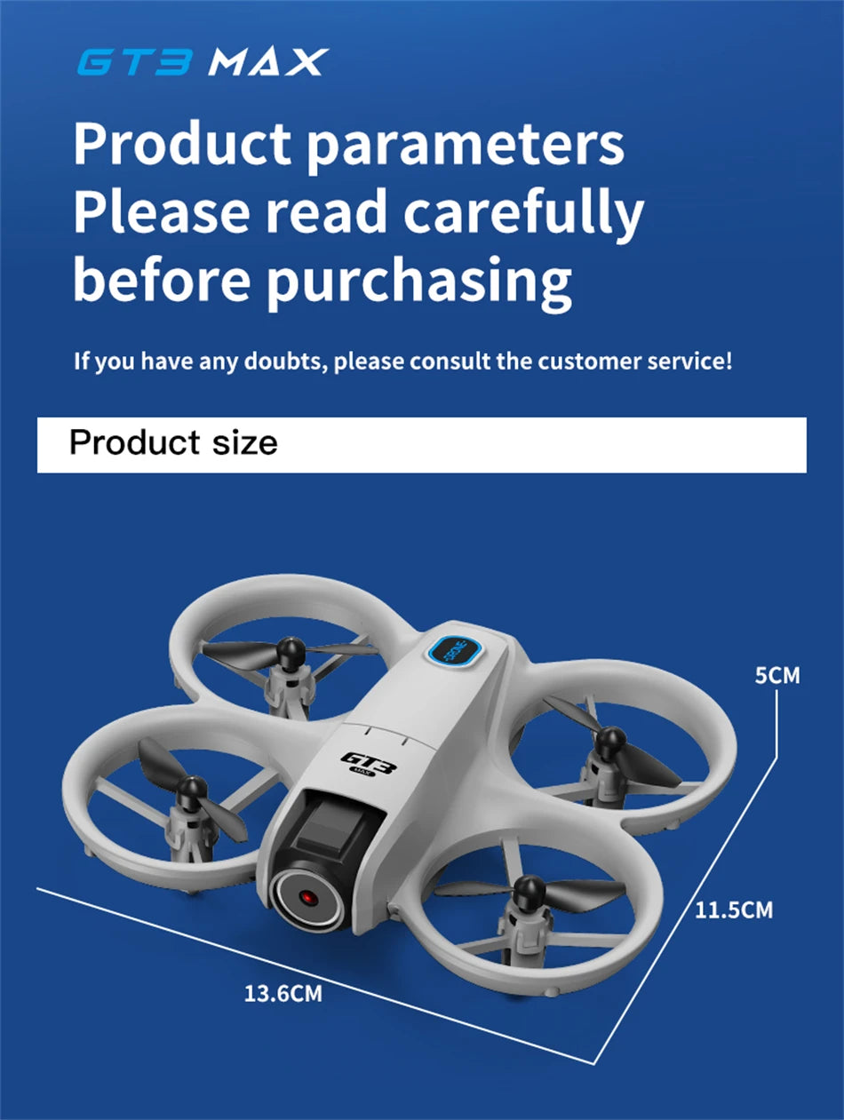 GT3 Max white plastic quadcopter drone with four protective rotor guards and front camera, measuring 13.6x11.5x5 cm.