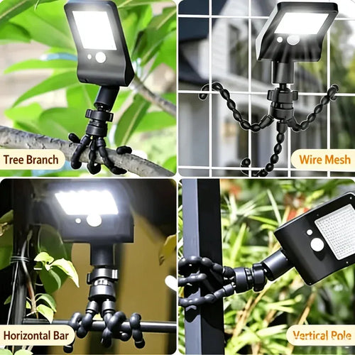 Solar octopus lights with bendable legs on tree branch, wire mesh, and pole mount