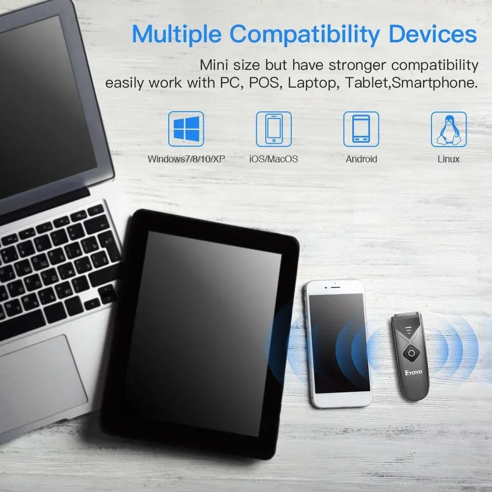 Dark barcode scanner with device compatibility icons near laptop and smartphone