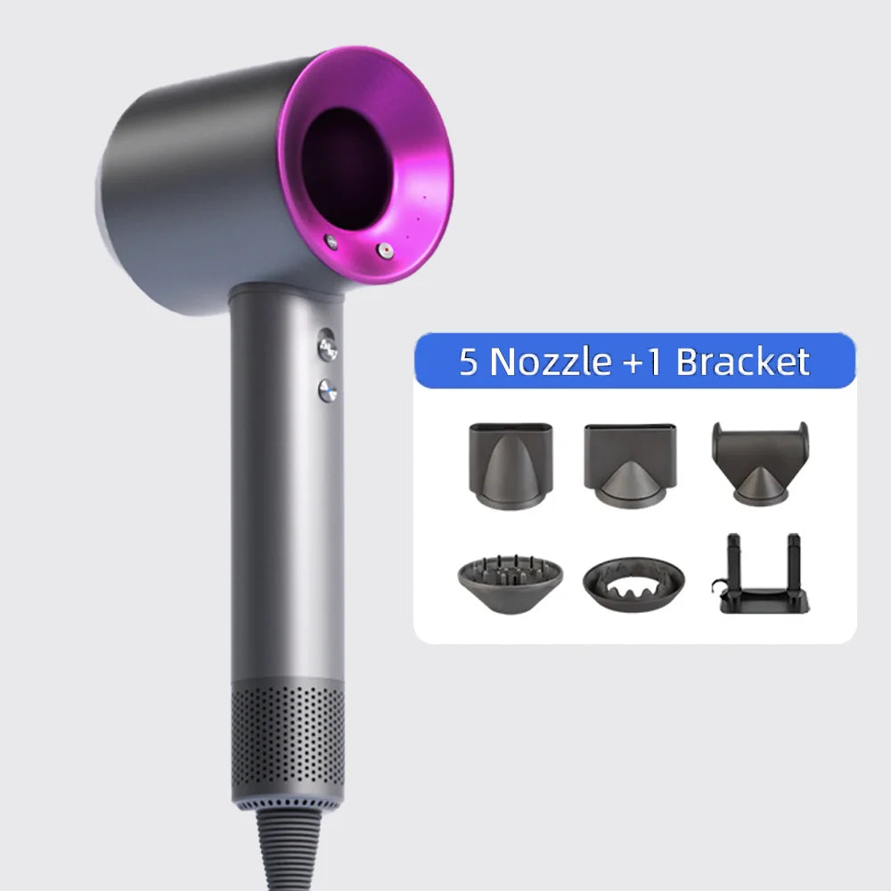 Grey and purple high-speed negative ion hair dryer with 5 magnetic styling nozzles and storage bracket.