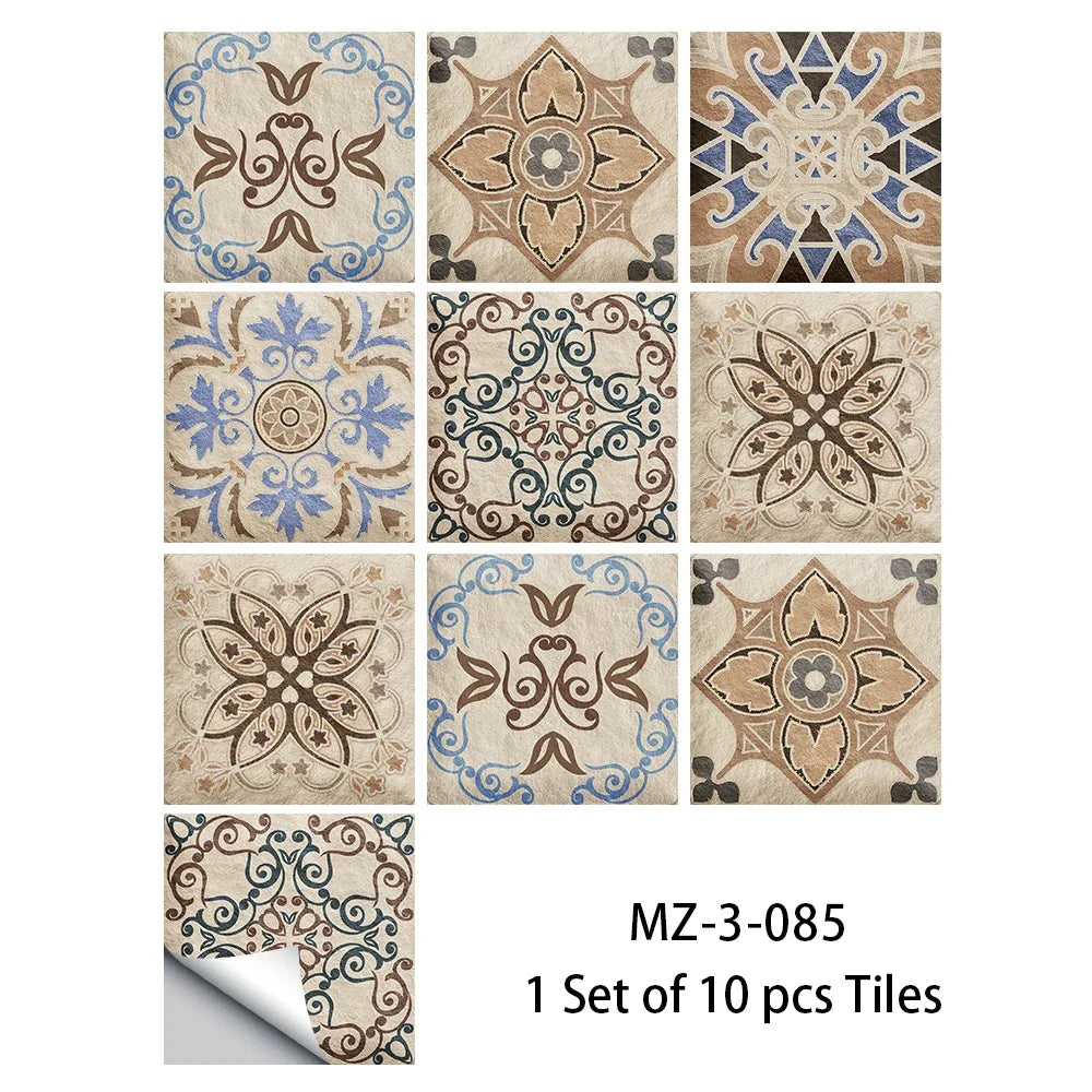 Waterproof non-slip tile floor sticker set with beige and blue ornate floral square patterns