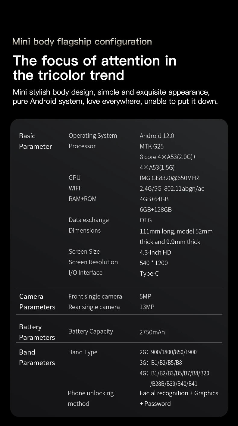 SOYES F9 Max mini smartphone specifications chart: 4.3-inch display, Android 12, 6GB+128GB, and facial recognition.